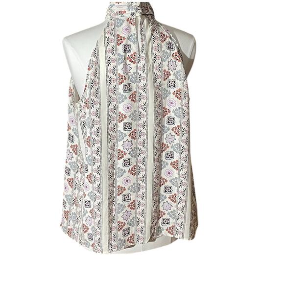 Ann Taylor Floral Sleeveless Tie Neck Blouse/Top/Shell, Blue, Lavender, L - Picture 2 of 12